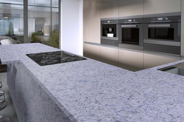 Contemporary kitchen with large windows and island with bar stools. 3D rendering.